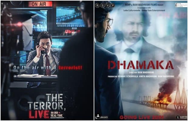 A still from movie Dhamaka and Poster of The Terror Live.