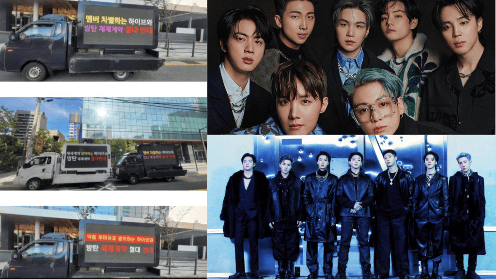 BTS ARMY Sending Trucks in Front of HYBE Building Protesting against ...